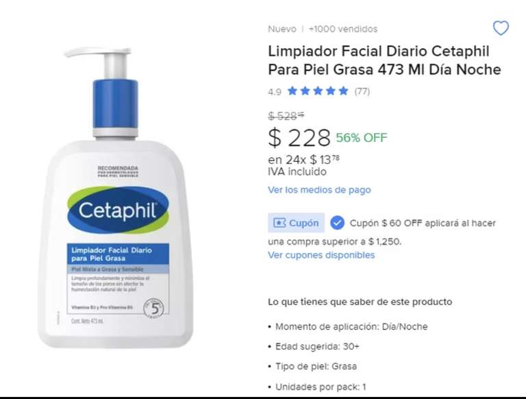 Mercado Libre: Limpiador Facial Diario Cetaphil Para Piel Grasa 473 Ml Día Noche