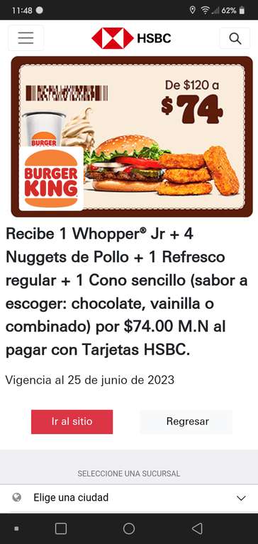 Burger King: Combo Whopper Jr + 4 nuggets pollo + 1 refresco regular + 1 cono sencillo por $74 pagando con tarjetas HSBC | Nivel Nacional
