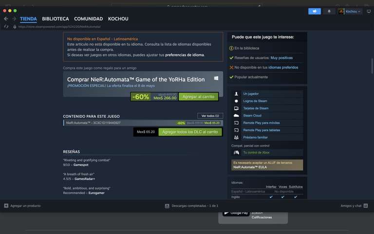 Steam: Nier Automata con 60% de ahorro