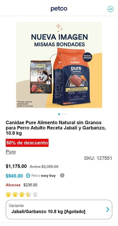 Petco: Canidae Pure Alimento Natural sin Granos para Perro Adulto Receta Jabalí y Garbanzo, 10.8 kg