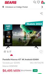 Sears: Pantalla Hisense 43" 4K Android 43A6H