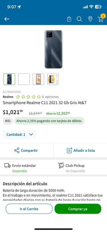 Sam's Club: Smartphone Realme C11 2021 32 GB Gris AT&T