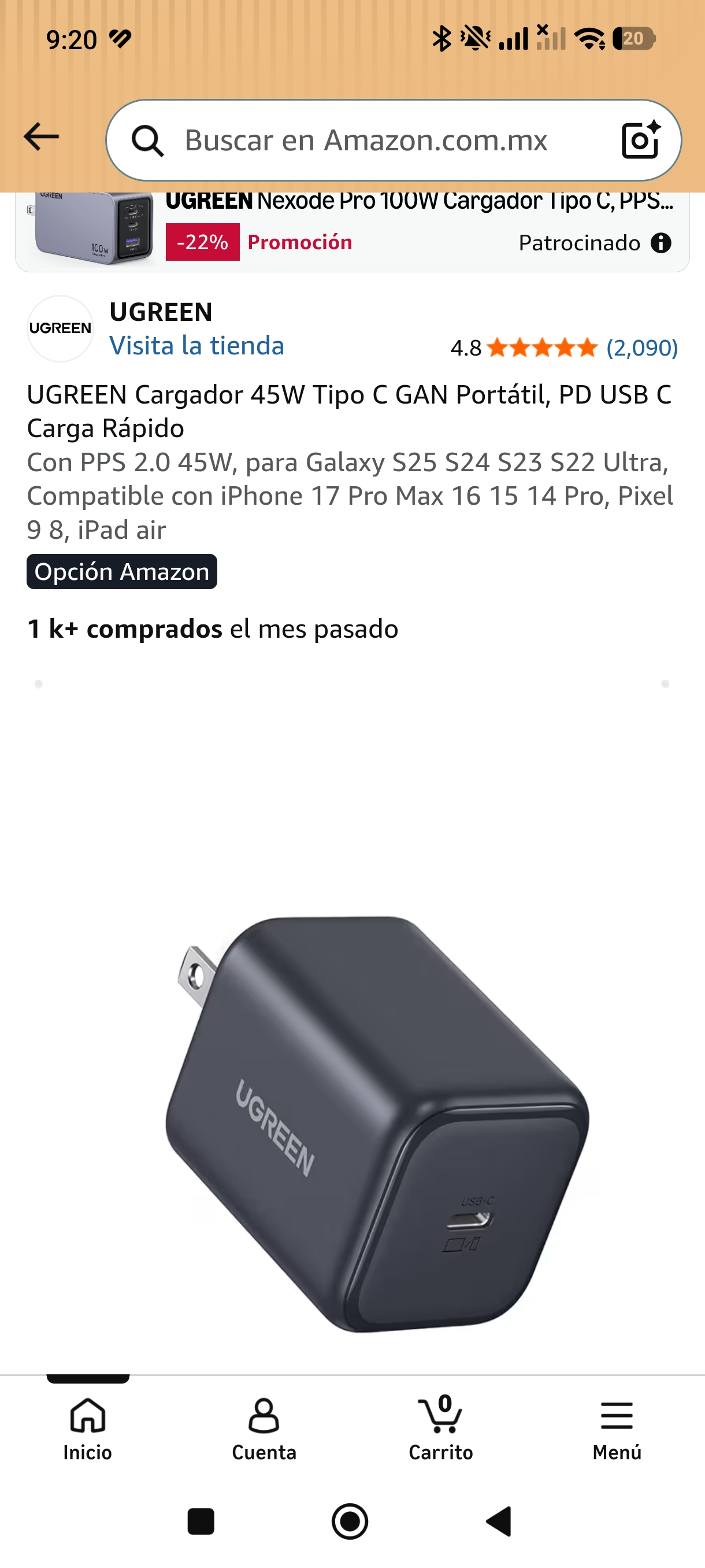 Amazon: Cargador ugreen 45W