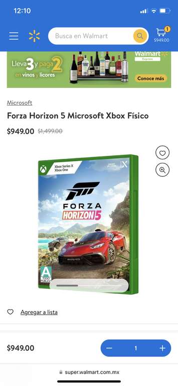 Walmart: Forza horizon 5 Juego físico para Xbox One y Series X