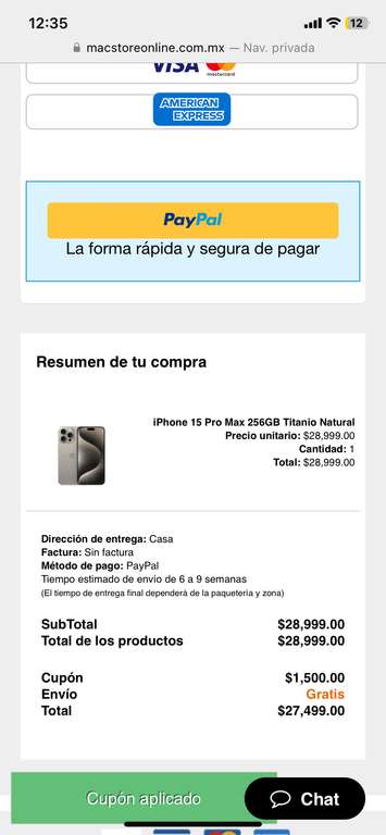 MacStore: Iphone 15 pro max 256 GB pagando con PayPal y Banorte