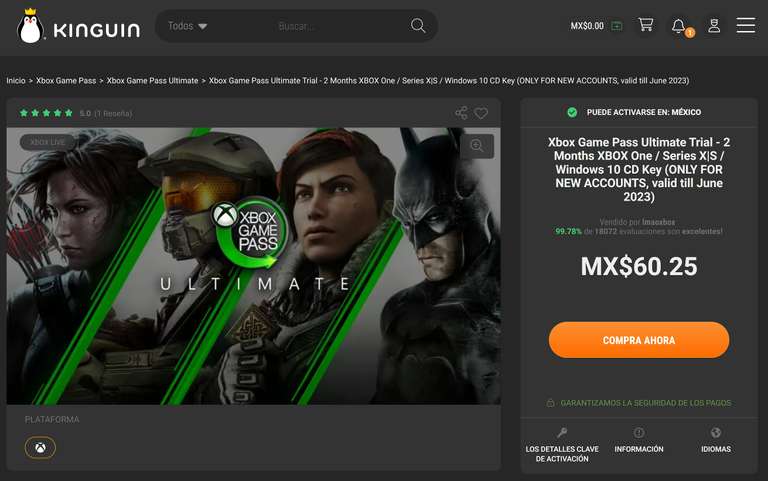 Kinguin Xbox Game Pass Ultimate 2 meses para PC y consolas, sin VPN, todas las cuentas sin game pass