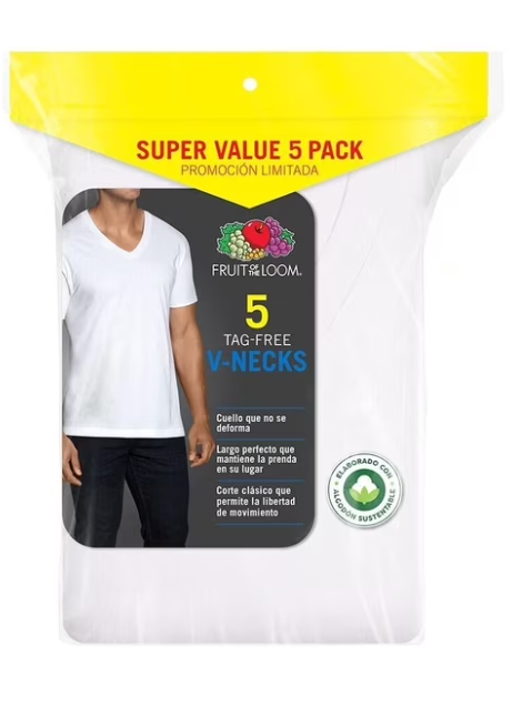 Walmart: Playera Interior Cuello V Fruit Of The Loom, Hombre, 5 Piezas Blanco, Todas las tallas.