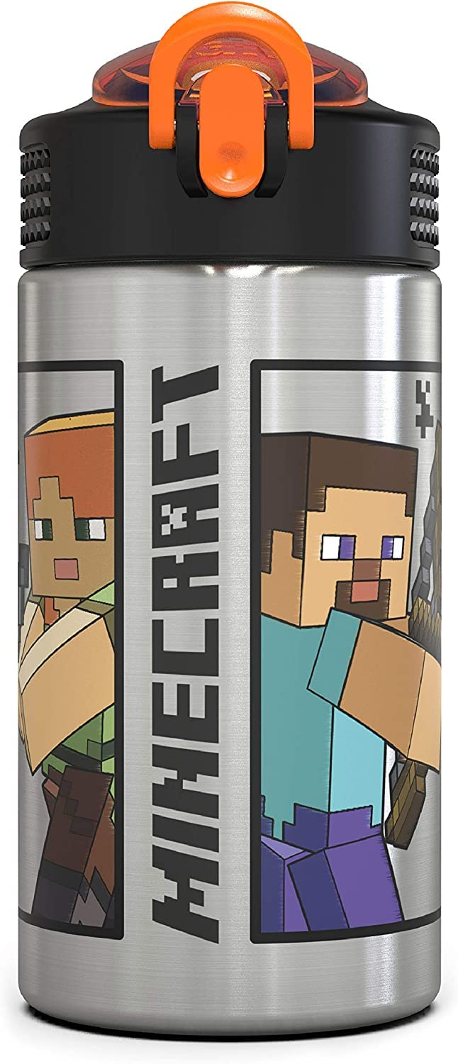 Amazon: Zak Designs Minecraft - Botella de agua de acero inoxidable con tapa de apertura con una sola mano y asa (440 ml, libre de BPA)