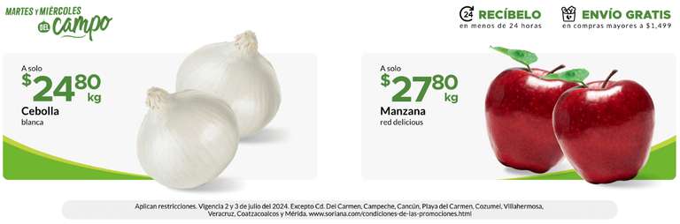 Soriana: Martes y Miércoles del Campo 2 y 3 Julio: Cebolla Blanca $24.80 kg • Manzana Red Delicious $27.80 kg