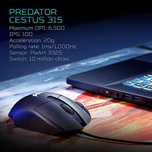 Amazon: Acer Predator - Mouse Gamer Cestus 315 - Sensor PixArt - DPI 6,500 - 8 Botones - Iluminacion LED
