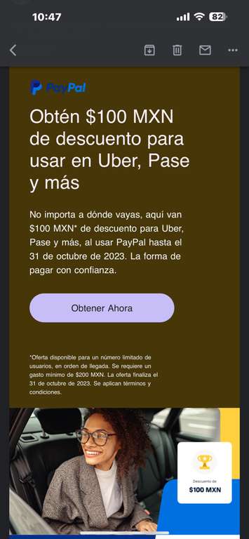 PayPal: $100 MXN de descuento para usar en Uber, Pase y más | usuarios seleccionados, compra mín $200