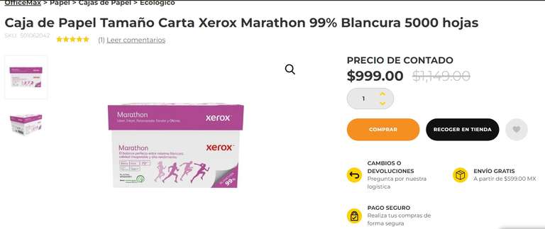 OfficeMax: Caja de Papel Tamaño Carta Xerox Marathon 99% Blancura 5000 hojas 70 gr