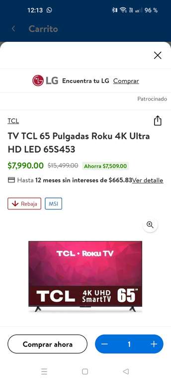 Walmart en línea - pantalla 65" TCL ROKU 65S453