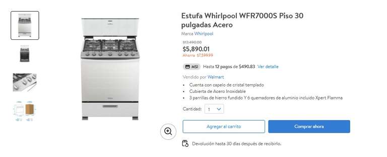 Walmart: Estufa Whirlpool WFR7000S Piso 30 pulgadas Acero