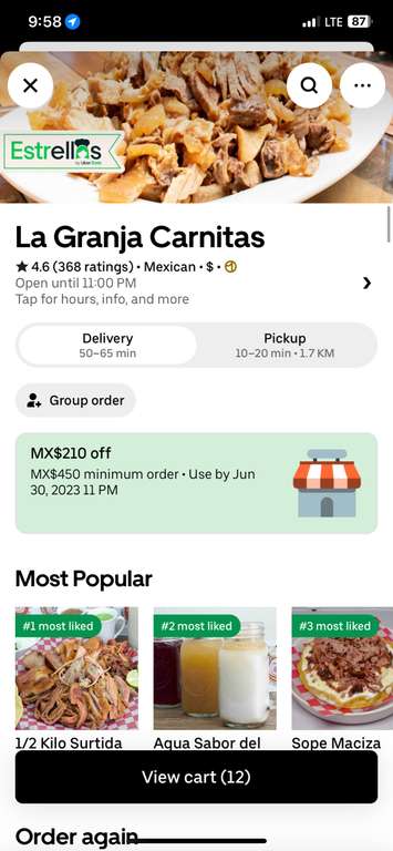 Uber Eats: La Granja Carnitas - 12 tacos de carnitas por $30 c/ Uber One (puede variar)