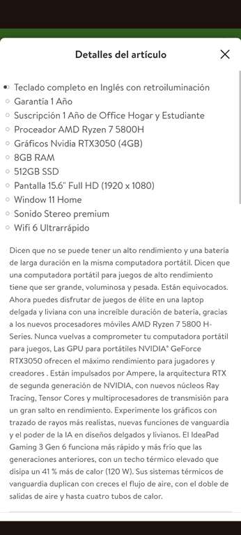 Bodega Aurrera: Laptop Gamer Lenovo Ryzen 7 5800H Nvidia Geforce RTX3050 8GB RAM 512GB SSD | Pagando con Santander a 12 MSI