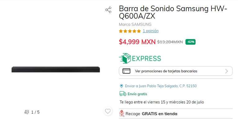 Sanborns Barra de sonido Samsung Q600A /ZX Dolby Atmos y Subwoofer inalámbrico - envío gratis