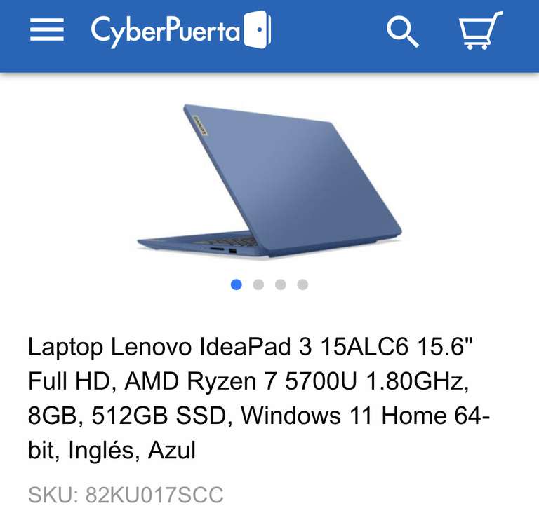CyberPuerta: Laptop Lenovo ideapad 3 Ryzen 7 5700, 512gb SSD, 8gb RAM