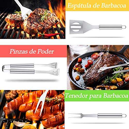Amazon: Set de 18 Utensilios y Cubiertos Profesional para Asador Carne Asada en Acero Inoxidable.Pinzas, Tenedores, Pinchos