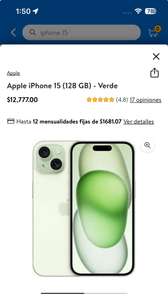 Walmart: Apple iPhone 15 (128 GB) - Verde ($11,279 CASHI