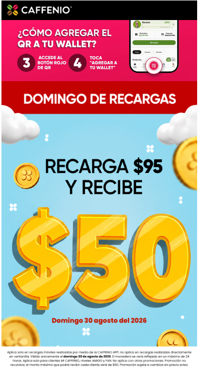 Caffenio: Recarga $95 y Recibe $50 más en monedero