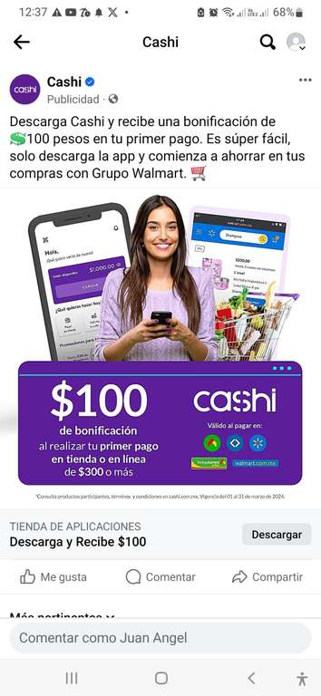 Cashi: Recibe $100 pesos en tu primera compra de $300, tienda física y en linea