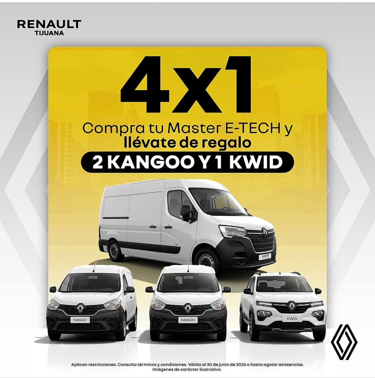 Renault Tijuana: Autos al 4x1: Compra 1 van Master E Tech y llevate de regalo 2 van Kangoo y 1 suv Kwid (Mejor que julio regalado)