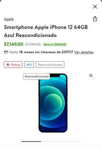 Walmart: Smartphone Apple iPhone 12 64GB Azul Reacondicionado
