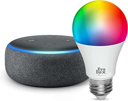 Amazon: Echo Dot (3ra gen) con Evolux Foco Inteligente WiFi, Multicolor | Negro