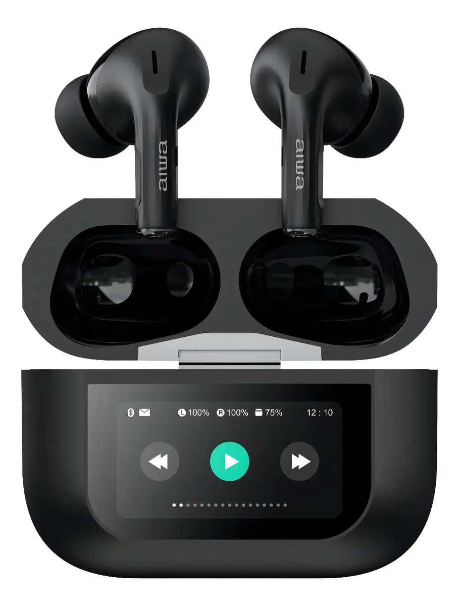 Mercado libre: Auriculares In-ear Inalámbricos Aiwa Awtwsgprob Con Cancelación De Ruido, 4.5h de reproduccion continuaa y 30h con el estuche