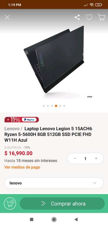 Linio: Laptop Lenovo legión 5600h ryzen 5 rtx 3050ti Paypal 11% + Banorte msi 15%