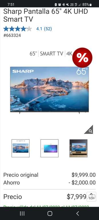 Costco: Sharp Pantalla 65" 4K UHD Smart TV
