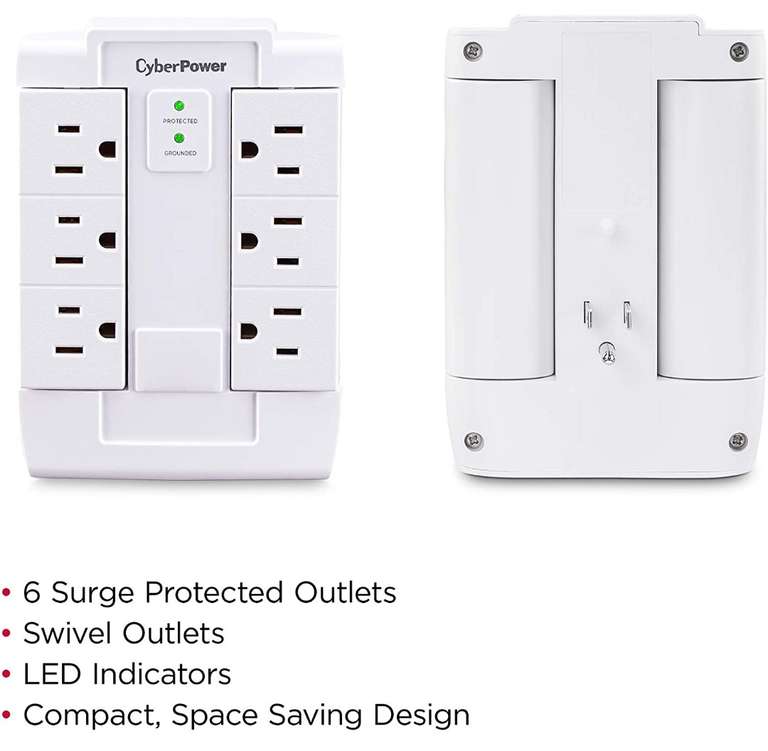 Amazon: 2 piezas de CyberPower CSB600WS 900 Joules Essential Wall Tap with 6-Outlet Surge Suppressor