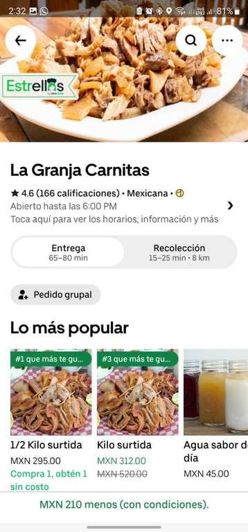 Uber Eats: Solo cdmx 8 tacos y dos sopes de carnitas por solo $15