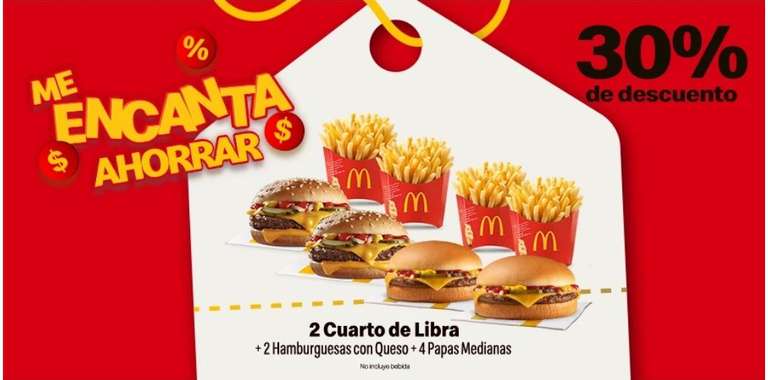 McDonald's 4 hamburguesas + papas con 30% de descuento