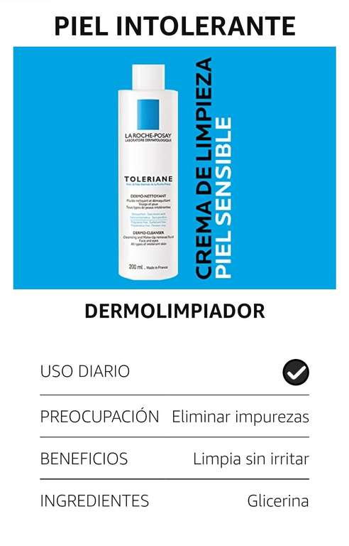 Amazon: La Roche Posay Limpiador piel sensible Toleriane Dermo Limpiador 200ml