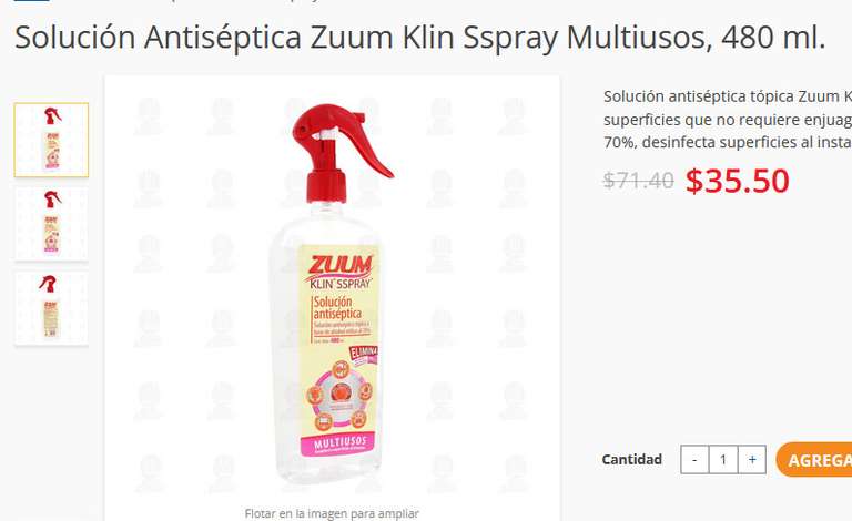 Farmacias Guadalajara: Solución Antiséptica Zuum Klin Sspray Multiusos, 480 ml.