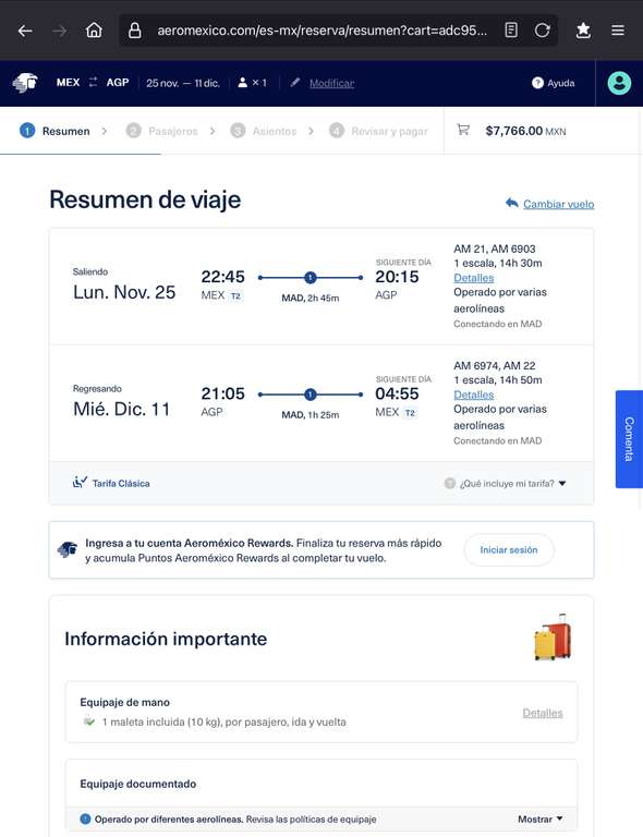 Vuelo Redondo CDMX - Málaga, España. | Aeroméxico Nov/Dic (maleta documentada)