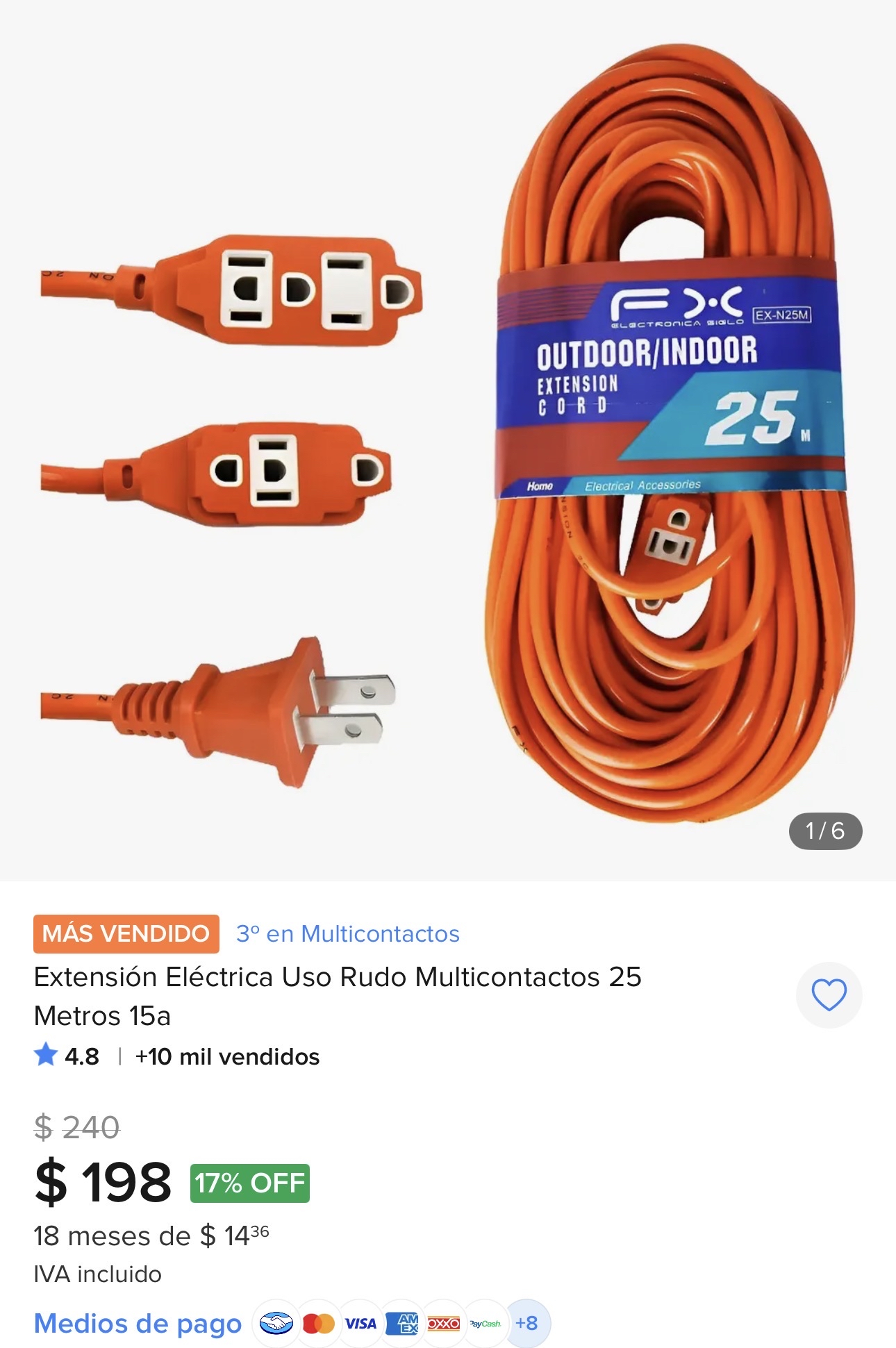 Mercado Libre: Extensión Eléctrica Uso Rudo Multicontactos 25 metros 15a