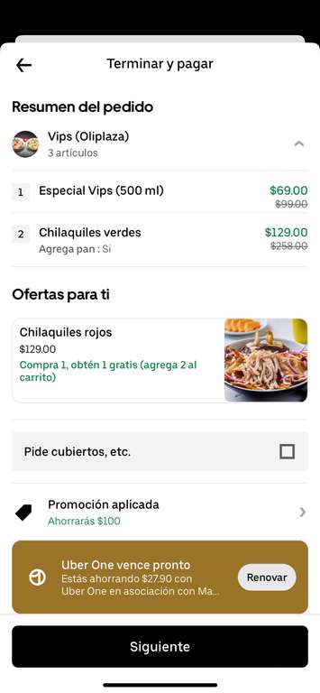 Uber Eats | 2 Chilaquiles y un Especial Vips x $98 con Uber One