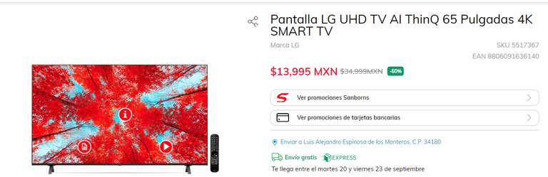 Sanborns - Pantalla LG UHD TV AI ThinQ 65 Pulgadas 4K SMART TV Modelo: UQ90