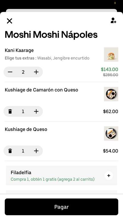 Uber eats [Members One]: 2 órdenes de sushi y 2 Kushiage por $119.00 en Moshi Moshi. (Leer descripción)