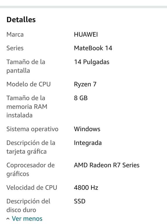 Amazon: HUAWEI MateBook 14 - Laptop de 14", Procesador AMD Ryzen 7 4800H, Pantalla 2K, Memoria de 512 GB ROM+ 8 GB RAM, Gris
