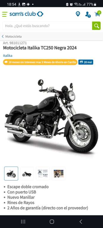 Sam's Club: Motocicleta Italika TC250 Negra 2024 BBVA 18MSI