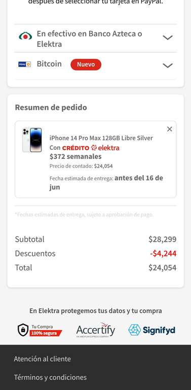 Elektra: Iphone 14 pro max 15% descuento con paypal