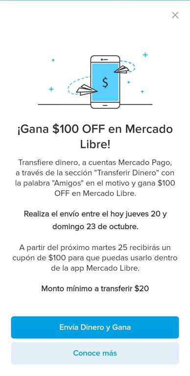 Mercado Pago: Cupón de $100 en Mercado Libre al transferir dinero (mín $20) con el texto "Amigos" en el motivo | usuarios seleccionados