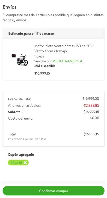 Bodega Aurrera: Motocicleta Vento Xpress 150cc 2023 (Incluye cajuela de 34L) 15% Pagando con TDC BBVA a 18 MSI