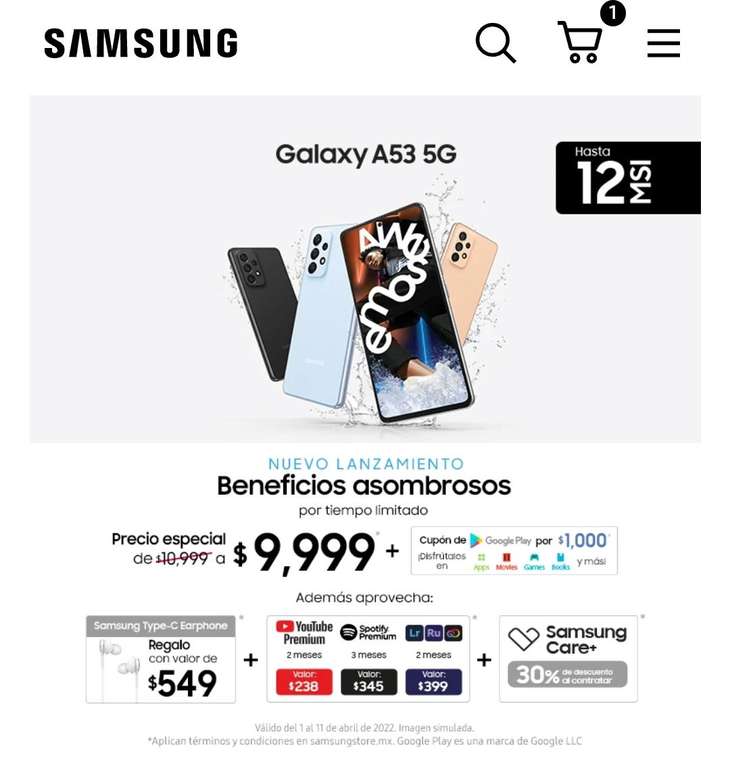 Samsung Store: Celular Samsung Galaxy A53 5G (Precio especial de lanzamiento) + 1000 créditos Google Play + audífonos alámbricos