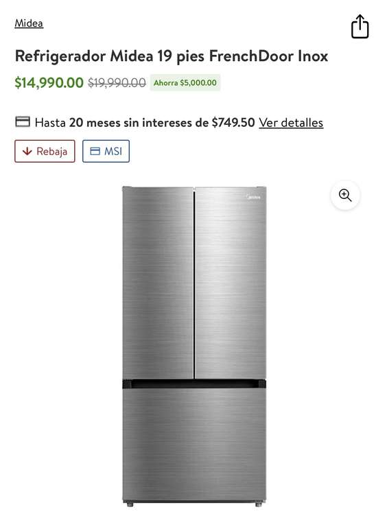 Walmart: Refrigerador french door 19 midea | Pagando a 18 MSI con BBVA o citibanamex