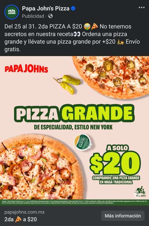 Papa John's, segunda pizza grande a 20 pesos